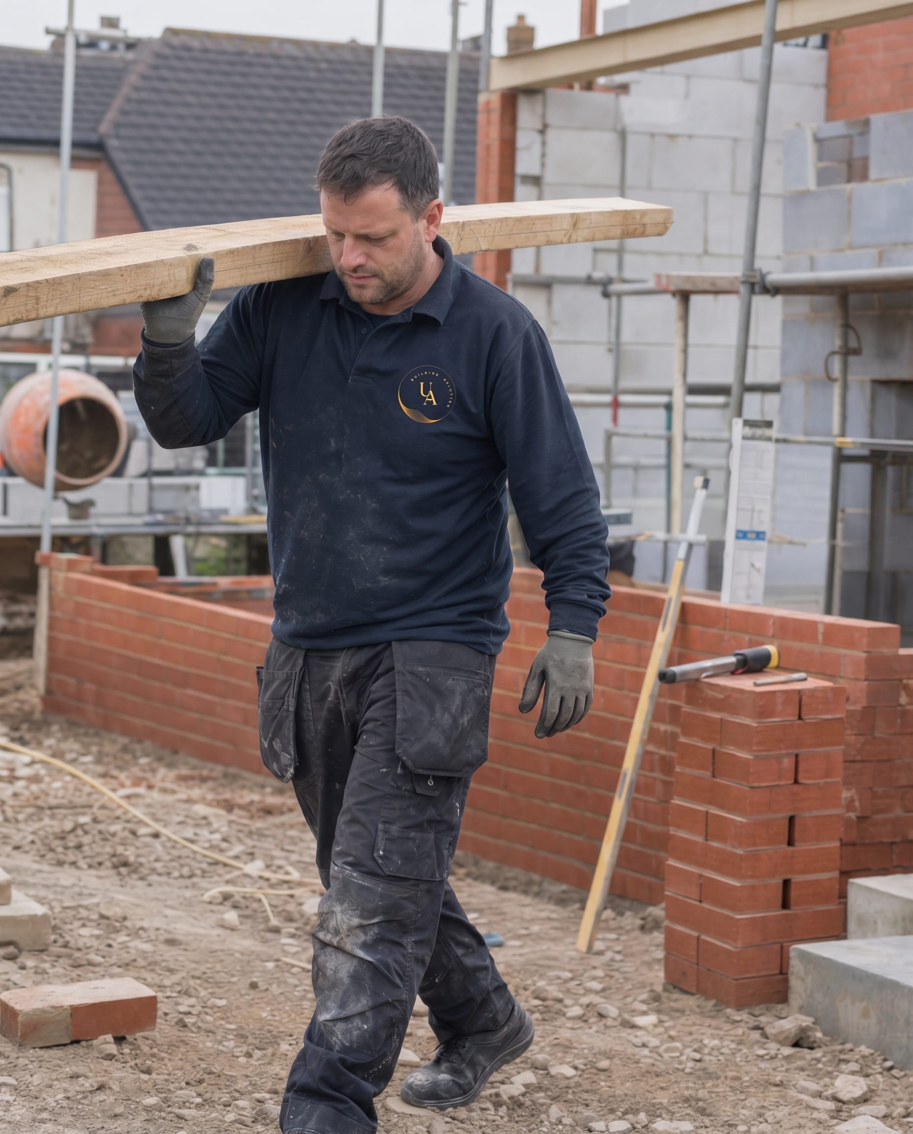 Builder in UABS workwear carrying timber across a residential building site