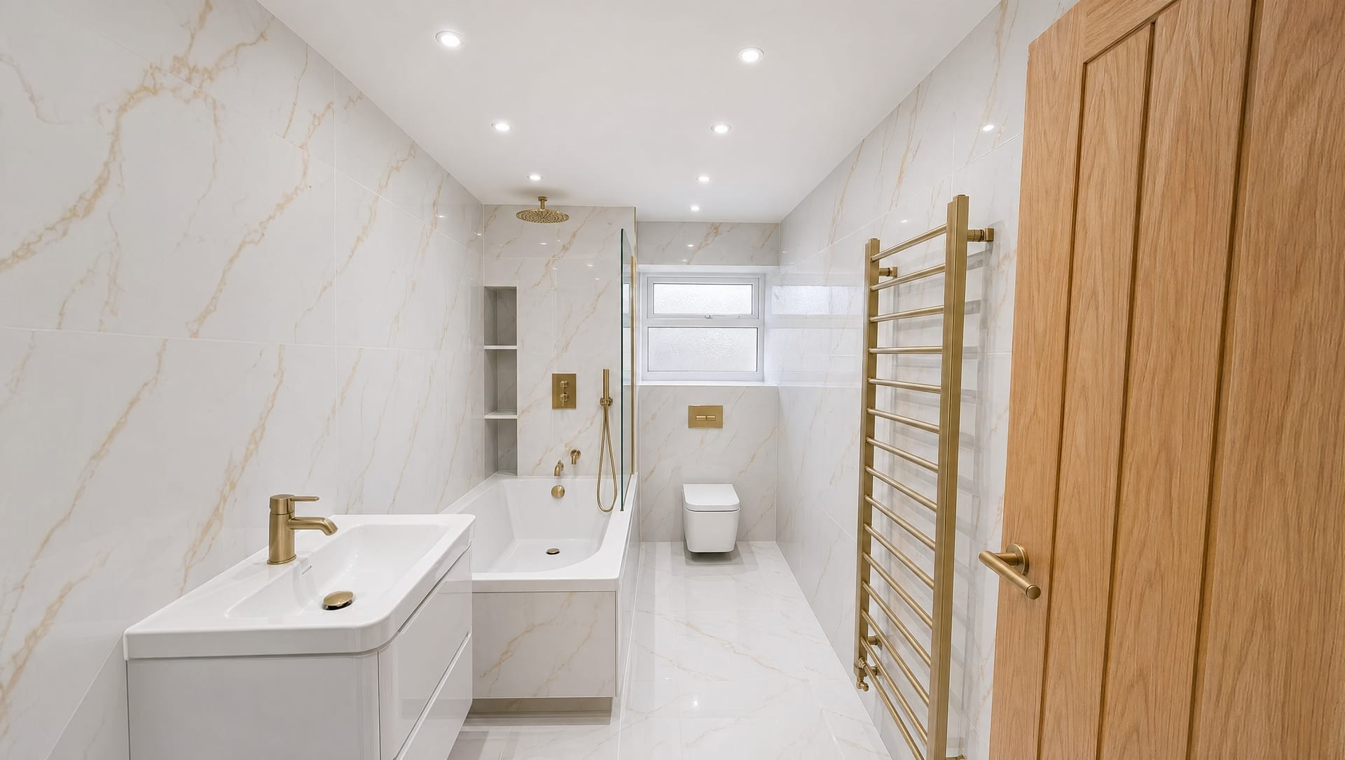 A traditional UK bathroom with a black-and-white checkerboard tile floor, pedestal sink, sash window and tongue-and-groove panelling