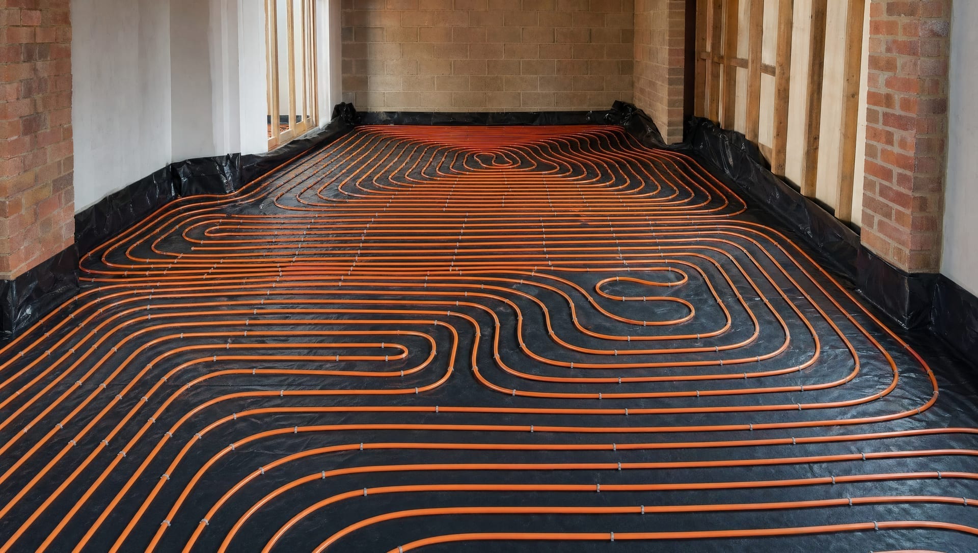 Parallel runs of metallic heating pipework clipped at regular intervals on a manifold